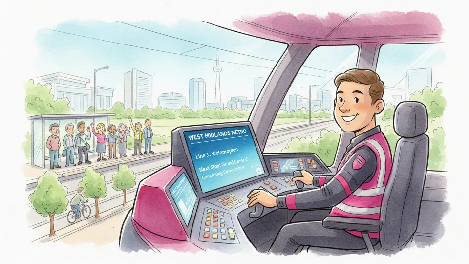 Tram operator in vehicle cab with route display showing service information