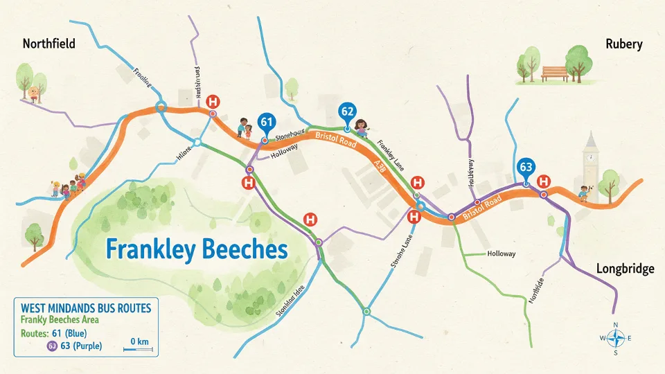 West Midlands bus route map showing Frankley Beeches area with Bristol Road and connecting streets highlighted