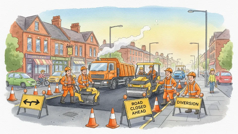 Road resurfacing equipment and workers on urban street with traffic cones and detour signs