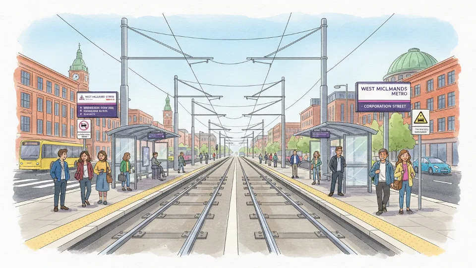 Tram tracks and overhead wires at urban transit station with signage