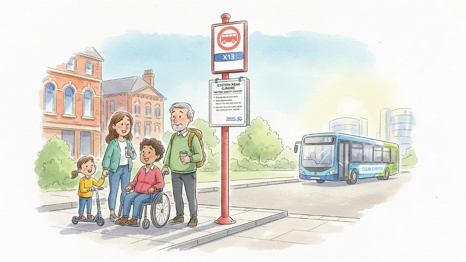 Bus stop sign showing X13 route with temporary diversion notice posted for Station Road closure