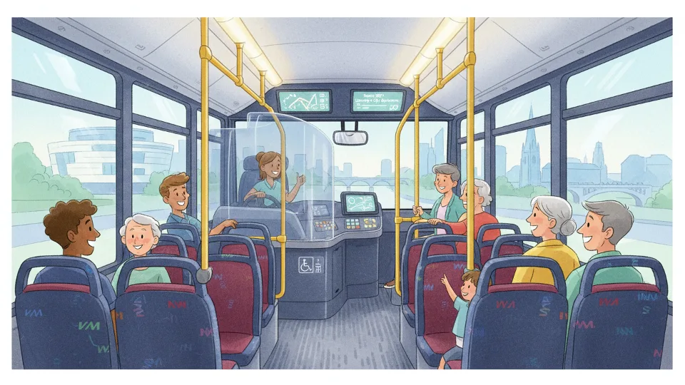 Interior view of transit bus showing driver compartment and passenger seating area, professional transit operations setting