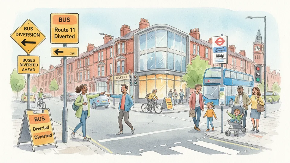Bus route diversion signs and alternative street routing in Birmingham neighborhood