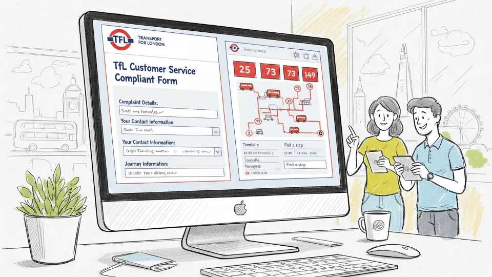 Transport for London customer service complaint form displayed on computer screen with bus route information