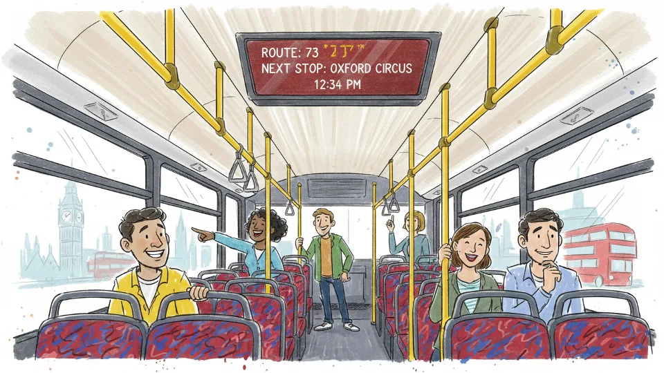 Interior view of London bus showing passenger information screen mounted near the ceiling displaying route number and next stop information