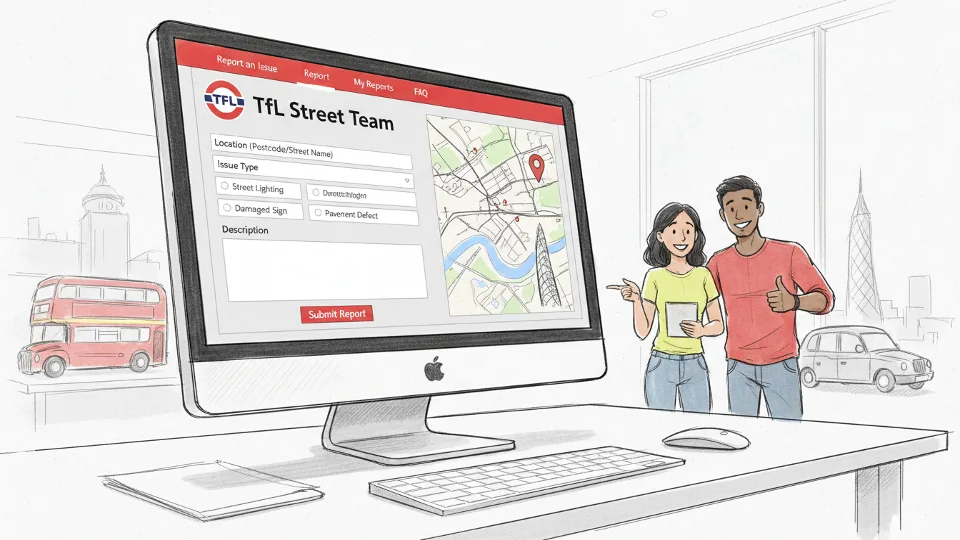 TfL Street Team contact form displayed on computer screen, showing online reporting interface for London road infrastructure issues