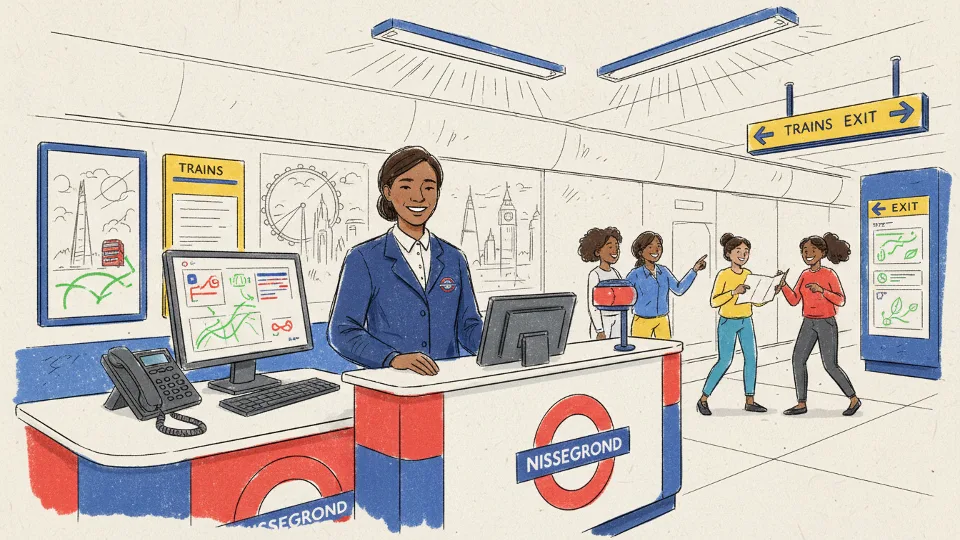 TfL customer service agent at station help desk with phone and computer equipment visible
