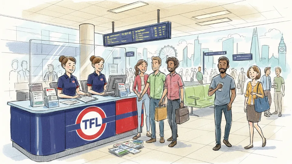 TfL customer service desk at London bus station with staff assisting passengers