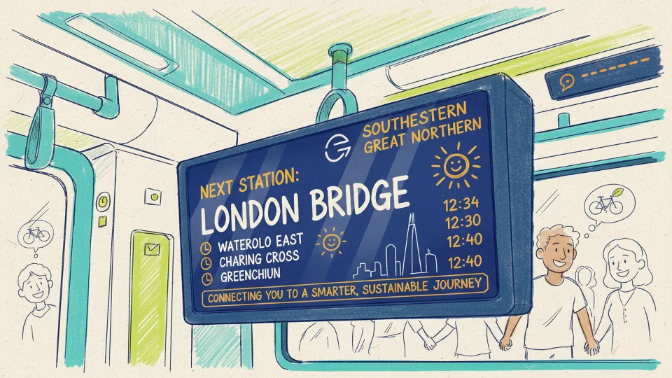 Close-up of train information display screen showing route details and next station