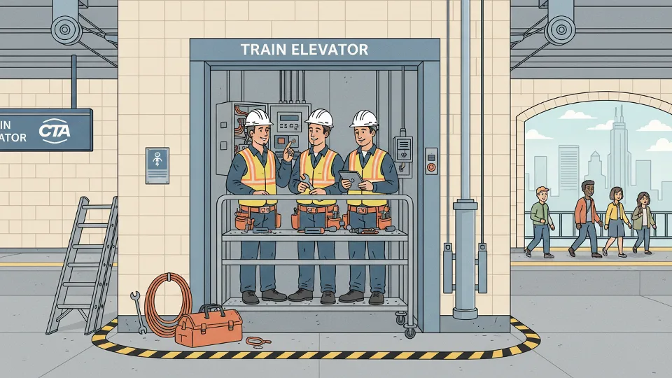 CTA elevator maintenance crew working on elevator equipment at rail station