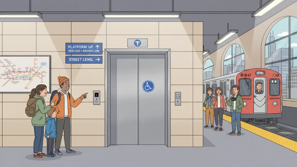 CTA elevator access point at a downtown Chicago rail station showing elevator doors and accessibility signage with train platform visible in background