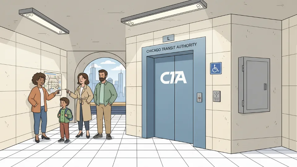 CTA elevator at subway station showing maintenance access panel and accessibility signage