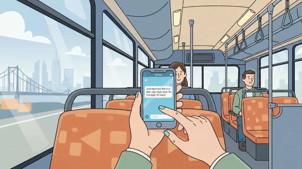 Close-up of passenger using smartphone to send text message on NJ Transit bus, emphasizing the ease of mobile reporting