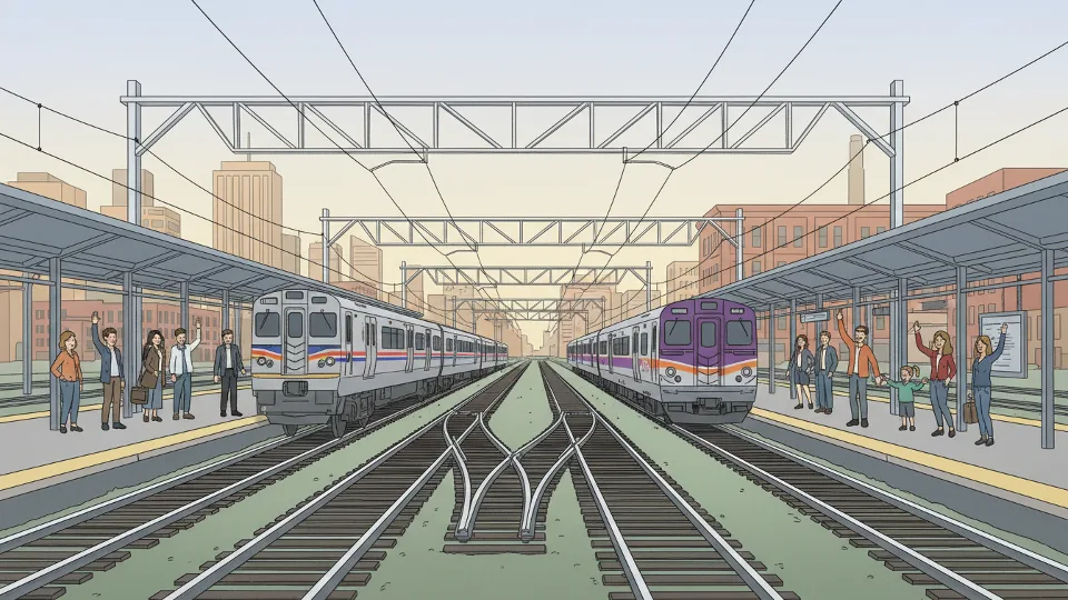 NJ TRANSIT rail operations at Newark station area showing multiple tracks and train service infrastructure