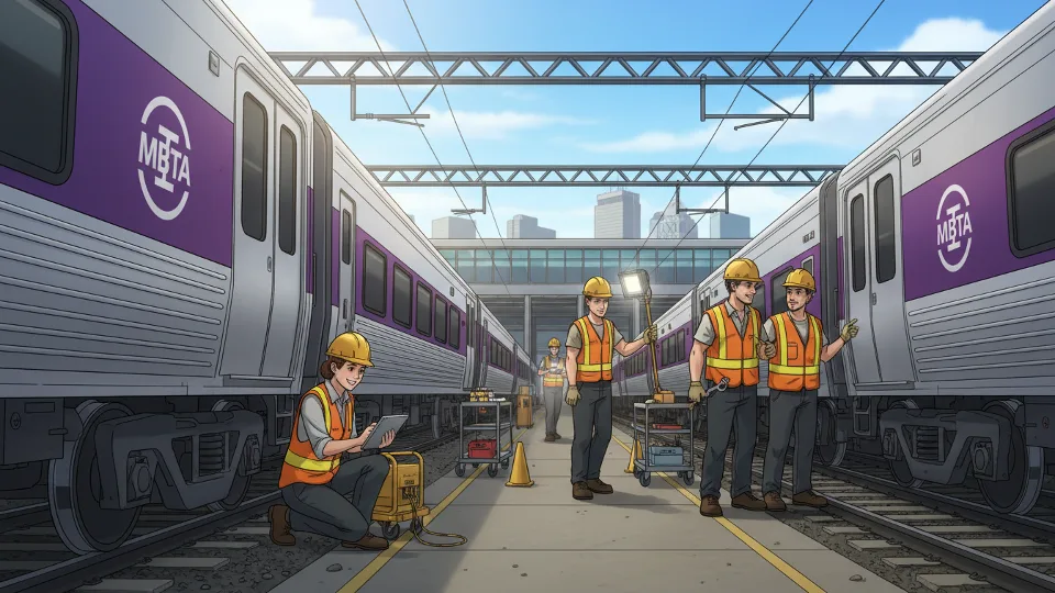 MBTA commuter rail maintenance crew inspecting train mechanical equipment at rail yard