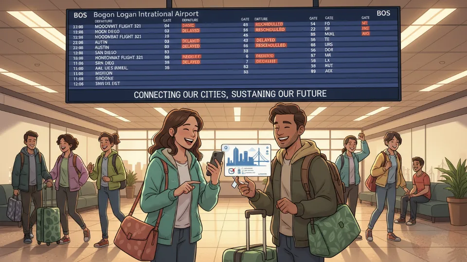 Airport departure board showing multiple canceled and delayed flights in red, with travelers checking flight status on their phones