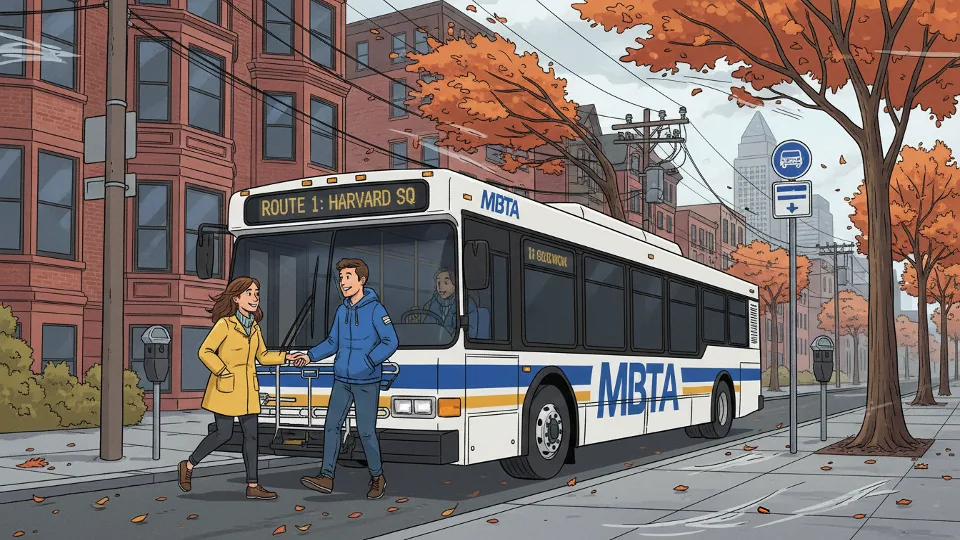 MBTA bus at street-level stop with passengers boarding carefully, windy conditions evident with moving tree branches