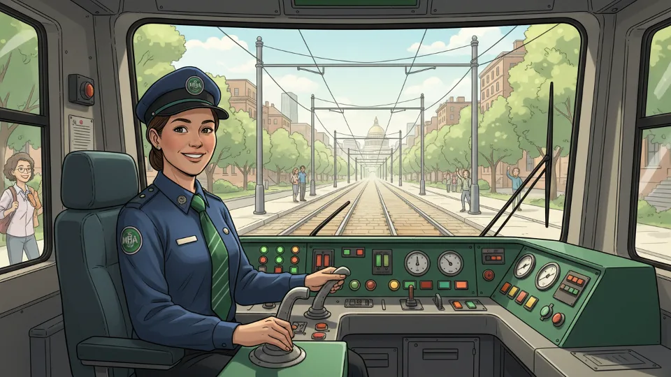 Green Line train operator in cab with control panel and track view ahead