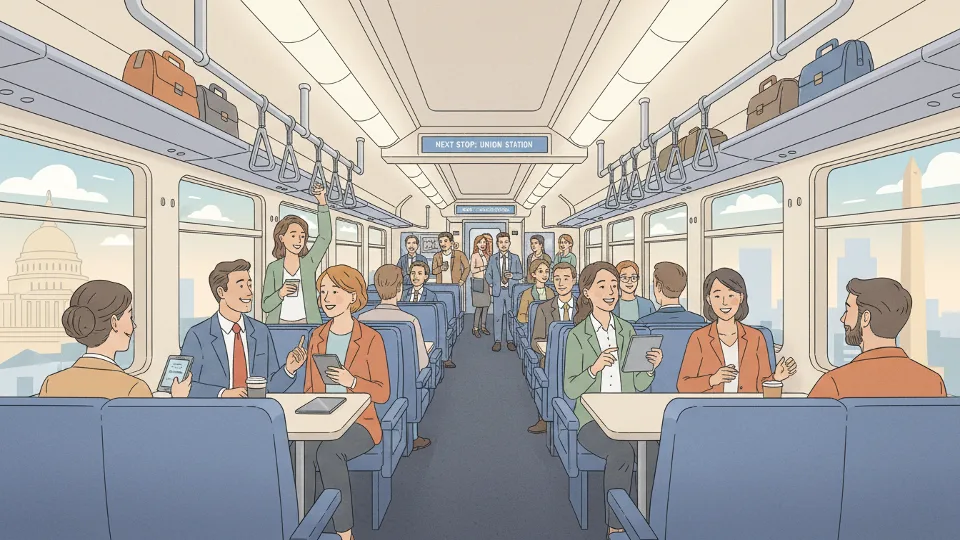 MARC commuter rail train interior showing passenger seating and standing areas during morning rush hour