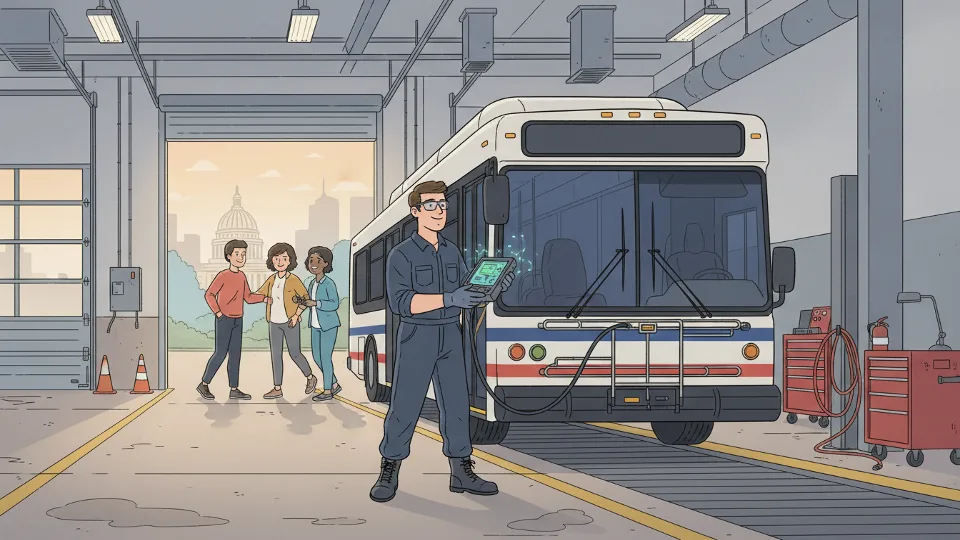 Transit mechanic with diagnostic equipment examining bus systems at maintenance facility