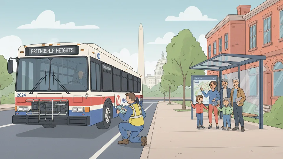 Transit bus at stop with mechanic inspecting vehicle exterior near engine compartment