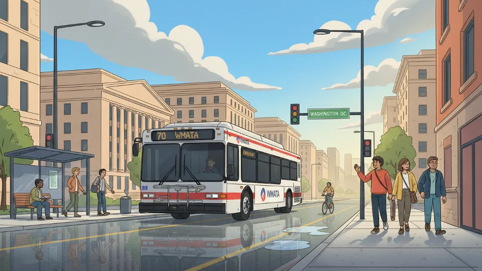 Metro bus on city street with clearing skies after storm passes, wet pavement visible