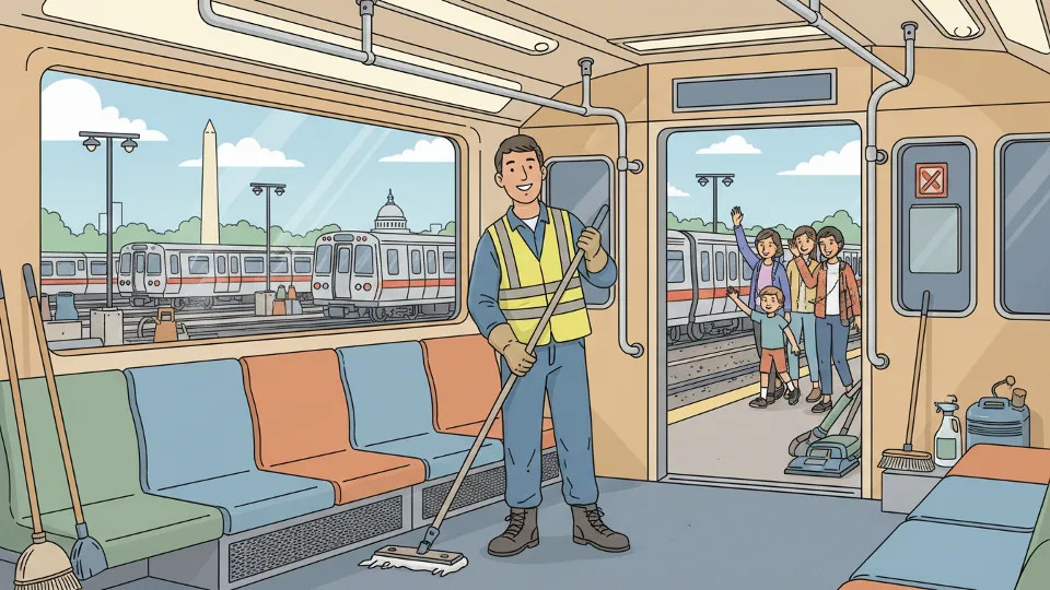 Transit maintenance worker cleaning interior of train car at rail yard facility