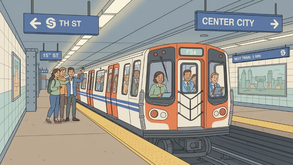 SEPTA L Line subway train at underground station platform with directional signage to Center City
