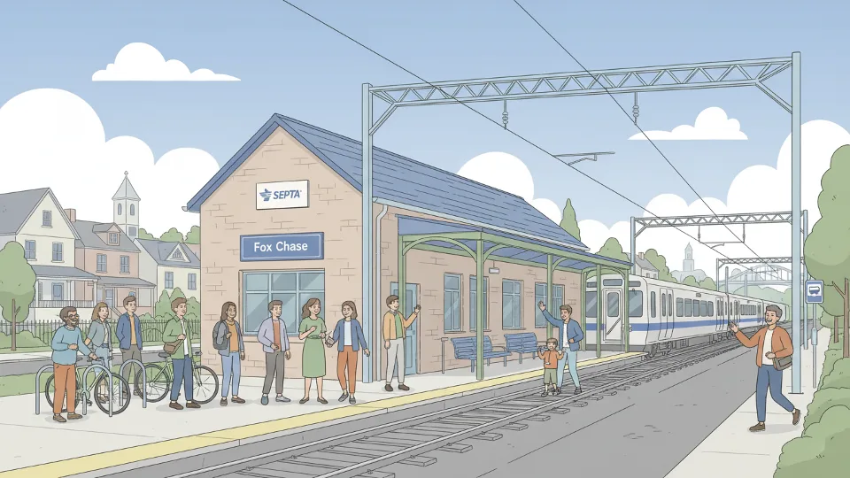Fox Chase station exterior showing regional rail platform and station signage, typical of SEPTA's Fox Chase line terminus