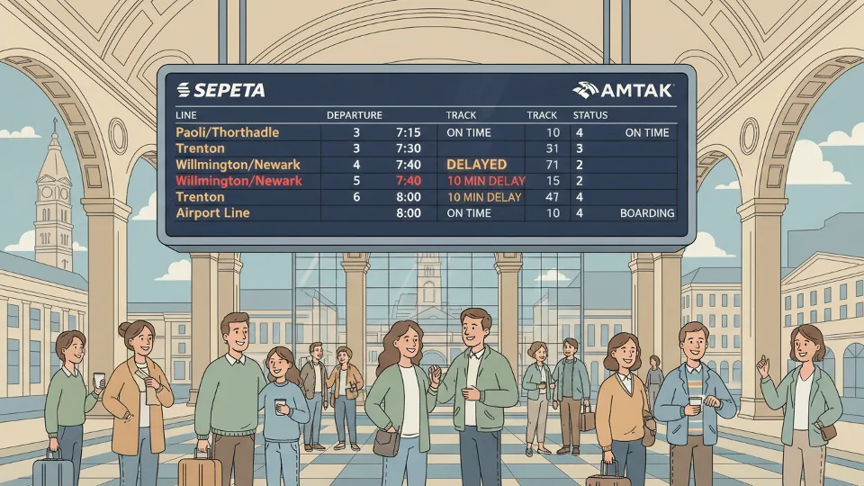 Train departure board showing delay information at transit station