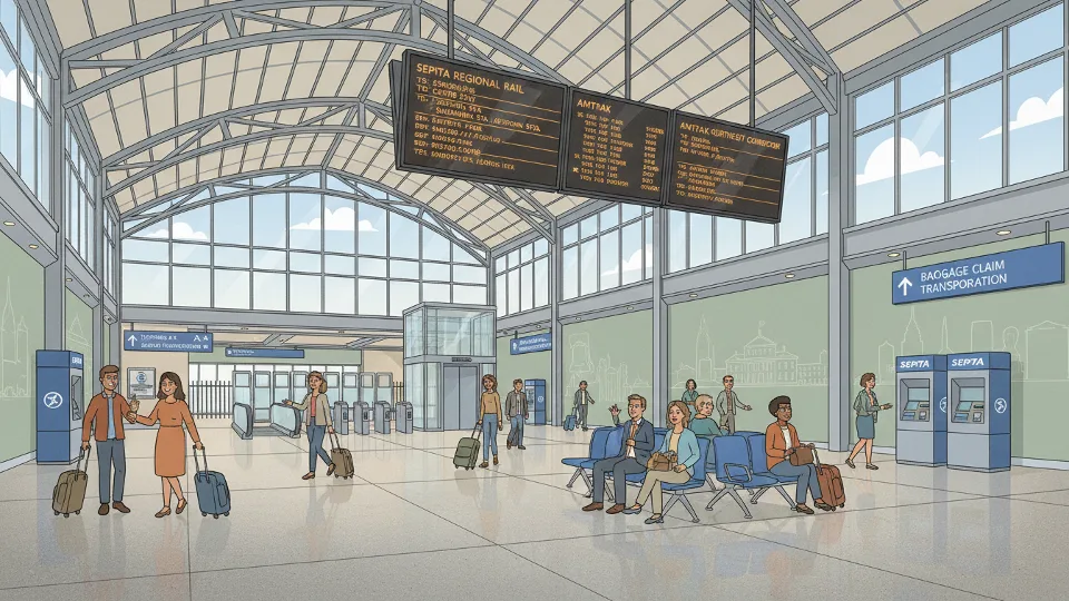 Airport terminal train station with departure boards showing schedule information