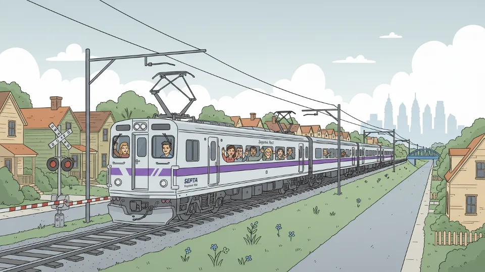 Regional rail train traveling on tracks through suburban area
