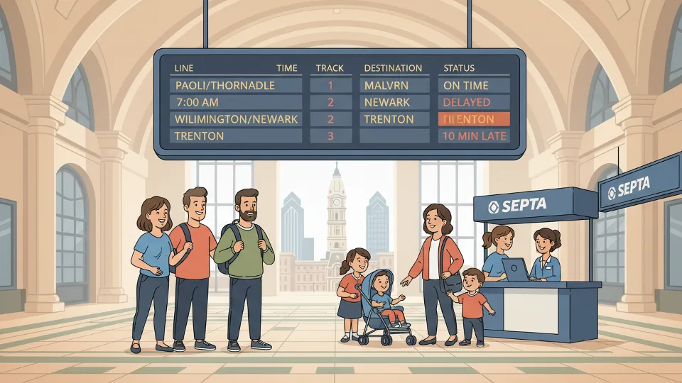 Train departure board showing delay information at transit station