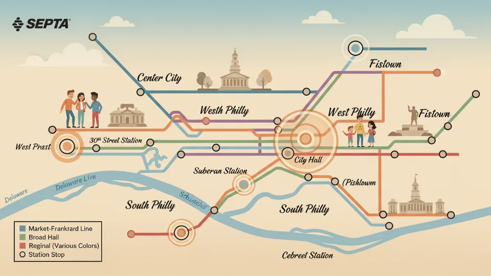 Transit system map showing rail line with multiple station stops highlighted