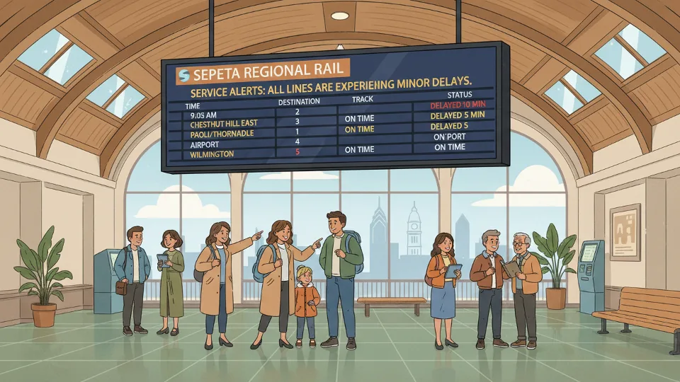 Digital departure board at regional rail station showing train delay information