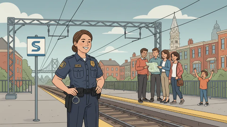Transit police officer standing near train tracks at urban station