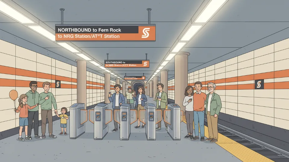 SEPTA Broad Street Line platform at 15th Street City Hall Station with directional signage and fare gates