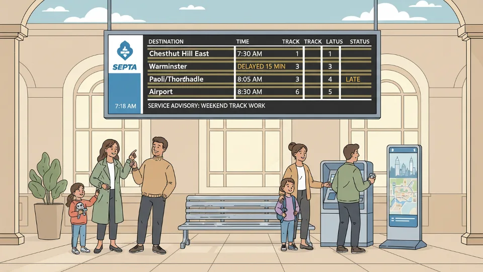 Digital train departure board showing delay information at regional rail station