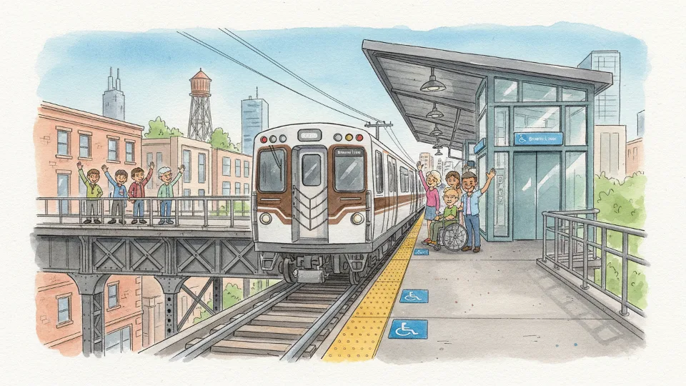 CTA Brown Line train approaching elevated platform with accessibility features visible including elevator shaft and tactile warning strips
