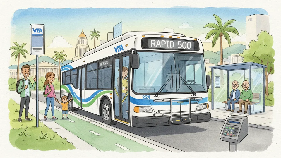 VTA bus at transit stop with open doors and fare box visible near entrance