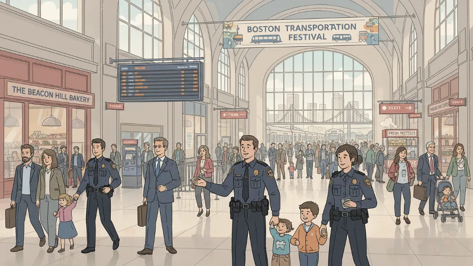 MBTA Transit Police officers patrolling busy Commuter Rail station concourse during special event