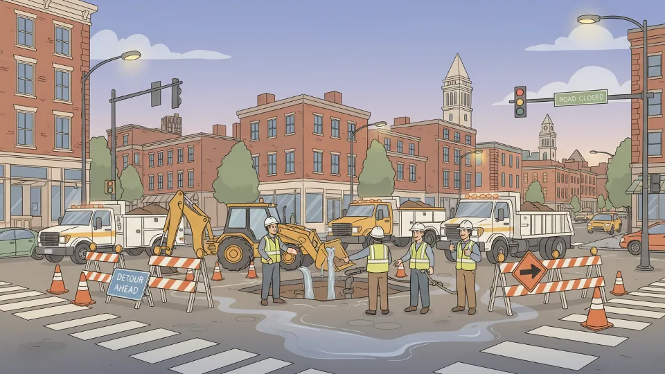 Emergency repair crews working on large water main break at urban intersection at dusk, construction equipment and barriers visible