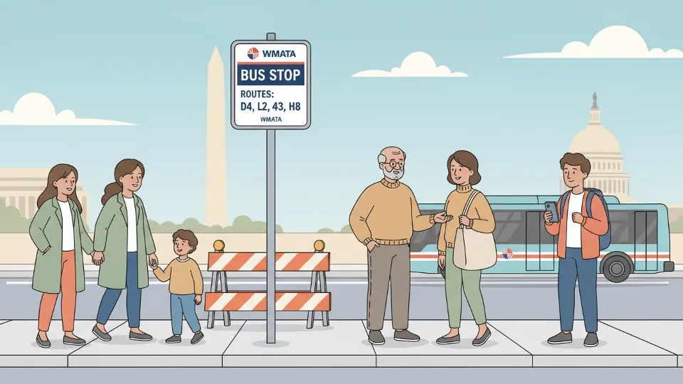 Bus stop sign with route numbers and construction barriers in background