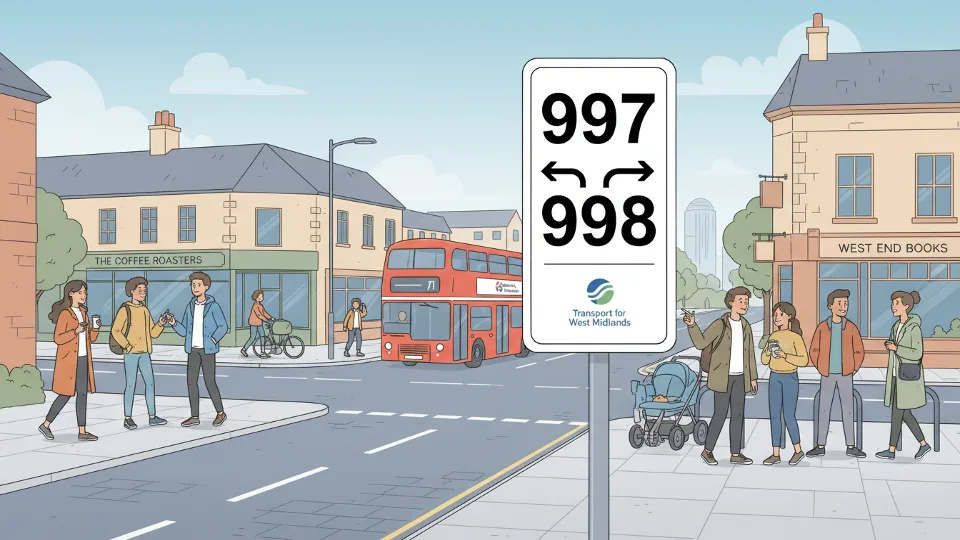 Bus route diversion sign at street intersection showing detour arrows and route numbers 997 and 998