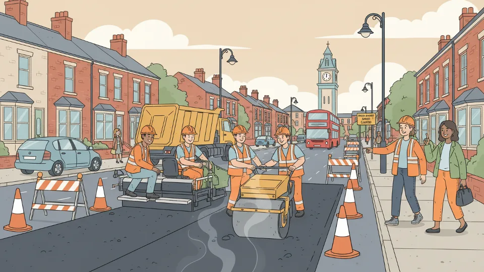 Road resurfacing crew working on urban street with traffic cones and construction equipment during daytime hours