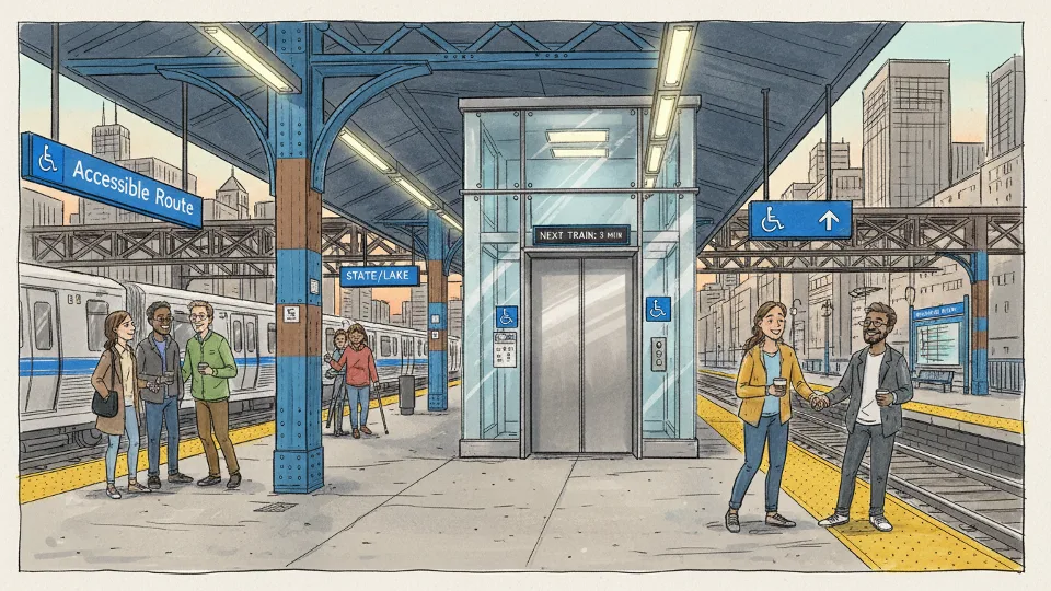 CTA train platform with elevator and accessible route signage at downtown Chicago rail station