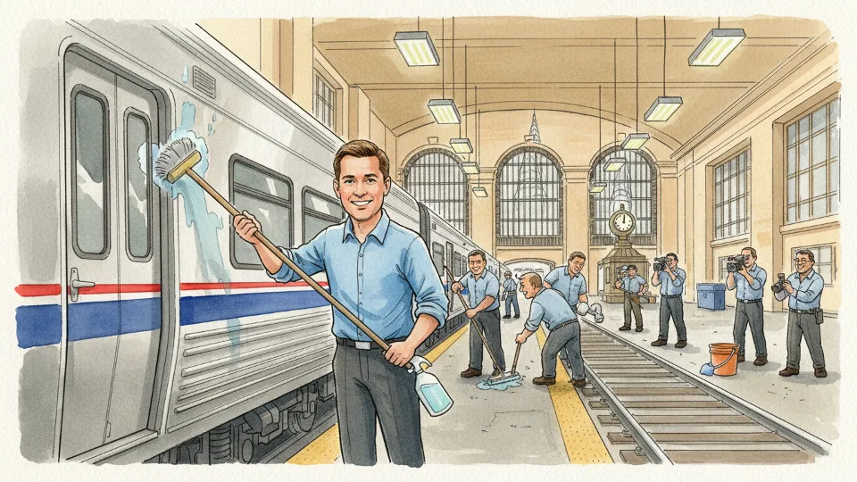 Metro-North Railroad President Justin Vonashek cleaning train coaches at Grand Central Terminal, demonstrating solidarity with maintenance crews during employee appreciation event