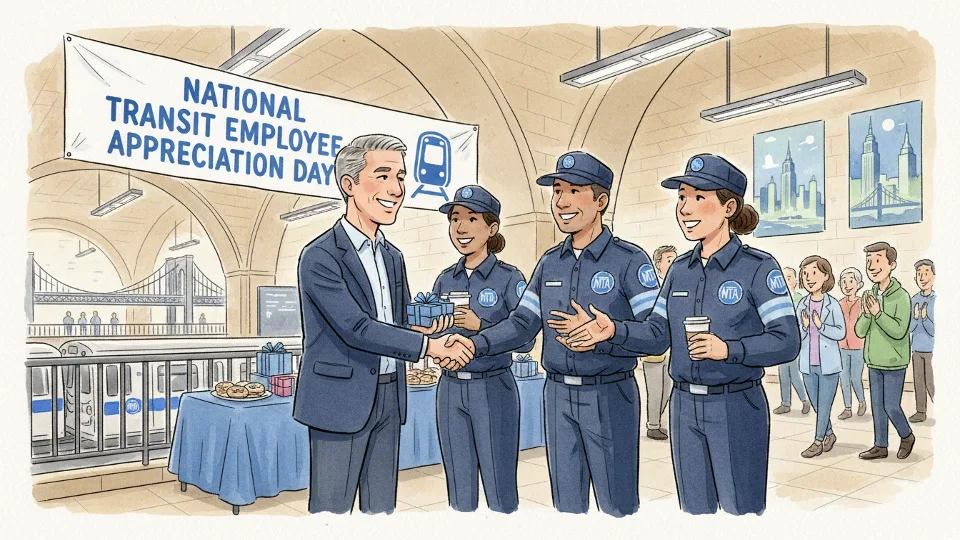 MTA Chair and CEO Janno Lieber speaking with transit workers at Penn Station during National Transit Employee Appreciation Day celebration, showing leadership engagement with frontline employees