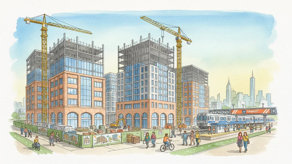 Transit-oriented development construction site near NJ Transit station with residential and commercial buildings
