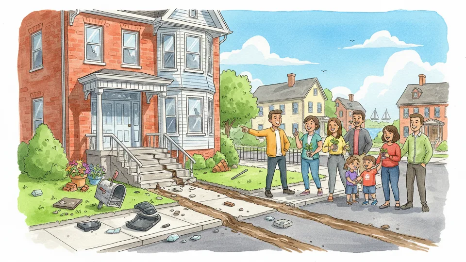 Damaged front steps and yard of residential home with visible tire tracks and debris from bus crash